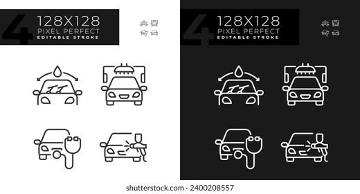 Pixel perfect dark and light icons set representing car repair and service, editable thin linear illustration.