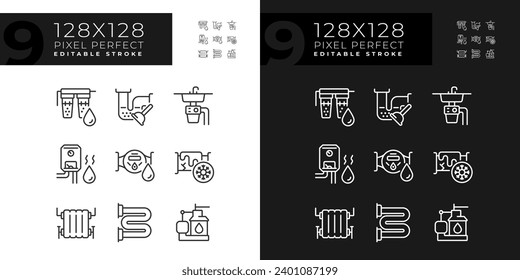 Pixel perfect dark and light icons representing plumbing, editable thin line illustration set.