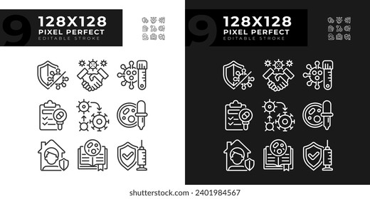 Pixel perfect dark and light icons representing bacteria, editable thin line illustration set.