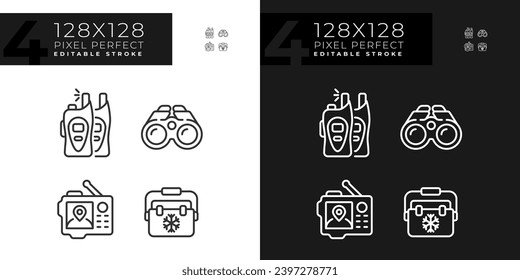 Pixel perfect dark and light mode icons set representing hiking gear, editable isolated thin linear illustration.