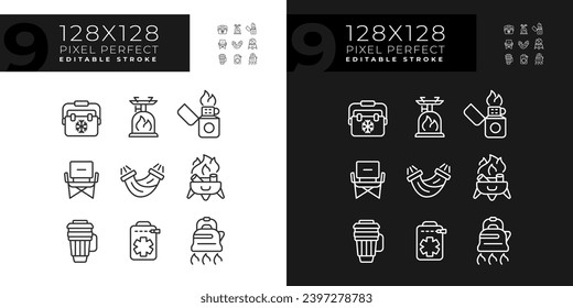 Pixel perfect dark and light mode icons representing hiking gear, editable isolated thin linear illustration set.