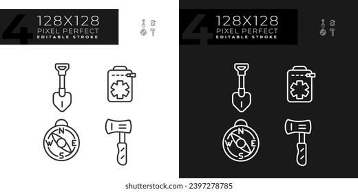 Pixel perfect dark and light mode icons pack representing hiking gear, editable isolated thin line illustration.