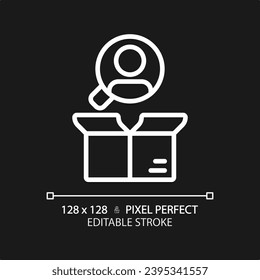 Icono de foco de cliente blanco, vector aislado, ilustración de línea delgada de administración de productos.