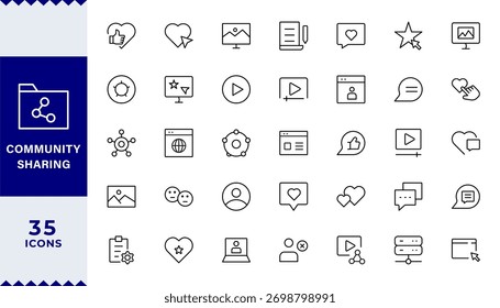 Pixel Perfecto, Iconos Sociales Esenciales Para Compartir. Profesional Social Sharing Icon Set Ilustración vectorial. Iconos más útiles para las redes sociales, la comunicación y el intercambio de contenidos
