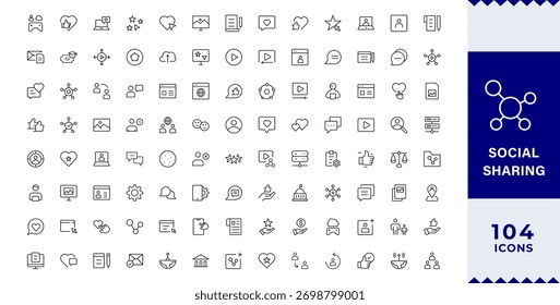 Pixel Perfecto, Iconos Sociales Esenciales Para Compartir. Profesional Social Sharing Icon Set Ilustración vectorial. Iconos más útiles para las redes sociales, la comunicación y el intercambio de contenidos
