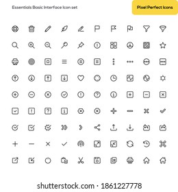 Pixel perfect essentials basic general user interface icon set vector isolated with line style and black color