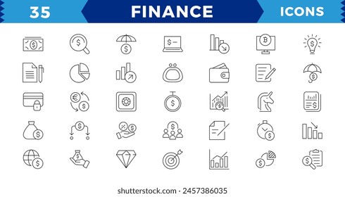 Pixel Perfect Finance line icons set. Money payments elements outline icons collection. Payments elements symbols. Currency,  bank, cryptocurrency, check, wallet, piggy, balance,editable stroke.
