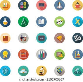 Pixel perfect flat icons set with long shadow effect of elementary school objects and education items, learning symbol and student equipment. Flat design style modern pictogram collection.