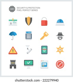 Pixel perfect flat icons set of various security objects, information and data  protection system, safety access elements. Flat design style modern pictogram collection. Isolated on white background.