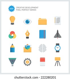 Pixel perfect flat icons set of creative business development process, modern office workflow and creativity solution. Flat design style modern pictogram collection. Isolated on white background. 