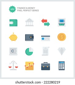 Pixel perfect flat icons set of finance objects and banking elements, financial items and money symbol. Flat design style modern pictogram collection. Isolated on white background.