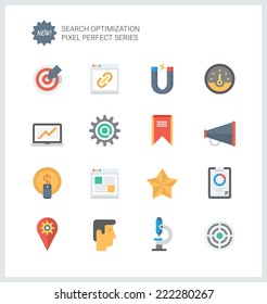 Pixel perfect flat icons set of website searching engine optimization, seo analytics and data management, webpage traffic development. Flat design style modern pictogram collection.