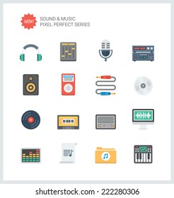 Pixel perfect flat icons set of sound symbols and studio equipment, music instruments,  audio and multimedia objects. Flat design style modern pictogram collection. Isolated on white background.