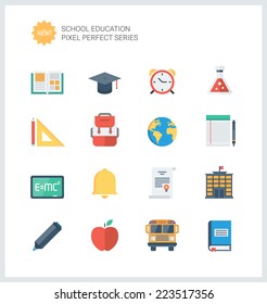 Pixel perfect flat icons set of elementary school objects and education items, learning symbol and student equipment. Flat design style modern pictogram collection. Isolated on white background. 