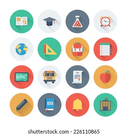 Pixel perfect flat icons set with long shadow effect of elementary school objects and education items, learning symbol and student equipment. Flat design style modern pictogram collection. 