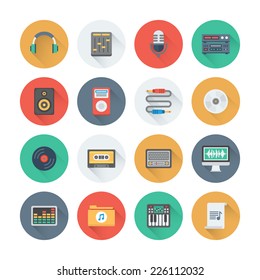 Pixel Perfect Flat Icons Set With Long Shadow Effect Of Sound Symbols And Studio Equipment, Music Instruments,  Audio And Multimedia Objects. Flat Design Style Modern Pictogram Collection. 