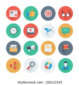 Pixel perfect flat icons set with long shadow effect of digital marketing symbol, business development items, social media objects and office equipment. Flat design style modern pictogram collection.