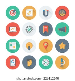 Pixel perfect flat icons set with long shadow effect of website searching engine optimization, seo analytics and data management, webpage traffic development. Flat design modern pictogram collection.