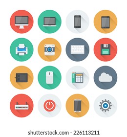 Pixel perfect flat icons set with long shadow effect of computer technology and electronics devices, mobile phone communication and digital products. Flat design style modern pictogram collection. 