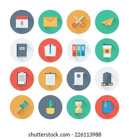 Pixel Perfect Flat Icons Set With Long Shadow Effect Of Business Items, Office Tools, Working Object And Management Element. Flat Design Style Modern Pictogram Collection. Isolated On White Background