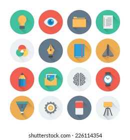 Pixel perfect flat icons set with long shadow effect of creative business development process, modern office workflow and creativity solution. Flat design style modern pictogram collection. 