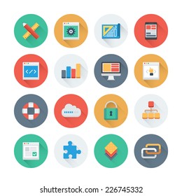 Pixel perfect flat icons set with long shadow effect of web development and website programming process, webpage coding and user interface creating. Flat design style modern pictogram collection. 