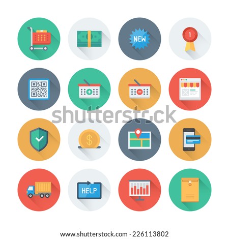 Pixel perfect flat icons set with long shadow effect of e-commerce shopping symbol, online shop elements and commerce item, internet store product. Flat design style modern pictogram collection. 