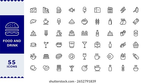 Pixel Perfect, Food and Drink Line Editable Icons set. Vector illustration in thin line style of nutrition related icons: vegetables, fruits, desserts, meat, baked goods, drinks,Editable stroke 