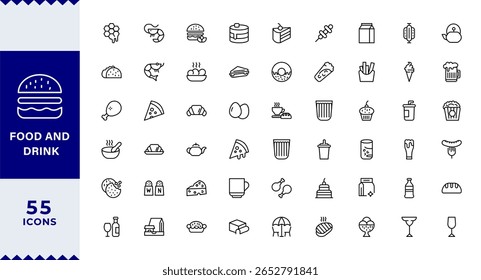 Pixel Perfect, Food and Drink Line Editable Icons set. Vector illustration in thin line style of nutrition related icons: vegetables, fruits, desserts, meat, baked goods, drinks,Editable stroke 