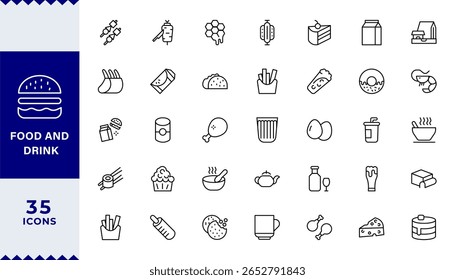 Pixel Perfect, Food and Drink Line Editable Icons set. Vector illustration in thin line style of nutrition related icons: vegetables, fruits, desserts, meat, baked goods, drinks,Editable stroke 