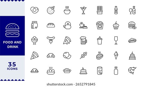 Pixel Perfect, Food and Drink Line Editable Icons set. Vector illustration in thin line style of nutrition related icons: vegetables, fruits, desserts, meat, baked goods, drinks,Editable stroke 