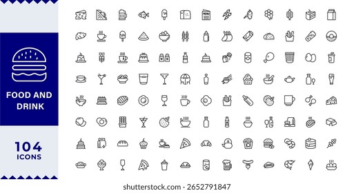 Pixel Perfect, Food and Drink Line Editable Icons set. Vector illustration in thin line style of nutrition related icons: vegetables, fruits, desserts, meat, baked goods, drinks,Editable stroke 