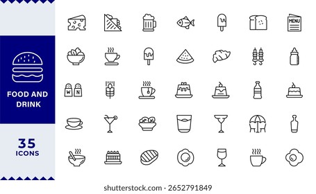 Pixel Perfect, Food and Drink Line Editable Icons set. Vector illustration in thin line style of nutrition related icons: vegetables, fruits, desserts, meat, baked goods, drinks,Editable stroke 