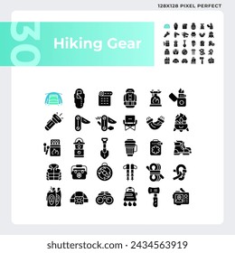 Pixel perfect glyph style icons collection representing hiking gear, isolated silhouette illustration.