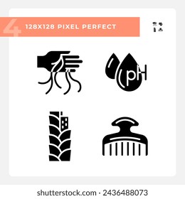 Pixel perfect glyph style icons collection representing haircare, simple black silhouette illustration.