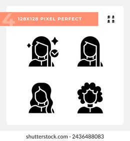 Pixel perfect glyph style icons set representing haircare, simple black silhouette illustration.