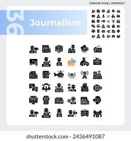 Pixel perfect glyph style icons set representing journalism, black silhouette illustration