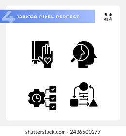 Pixel perfect glyph style icons set of soft skills, black silhouette illustration.