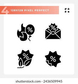 Pixel perfect glyph style icons set representing discounts, solid illustration.