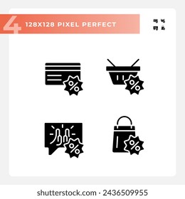 Pixel perfect glyph style icons set of discounts, solid illustration.