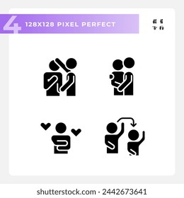 Pixel perfect glyph style icons set of psychology, silhouette black illustration.