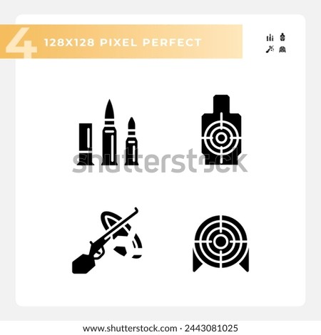 Pixel perfect glyph style icons set of weapons, flat silhouette illustration.