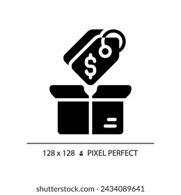 Pixel perfect glyph style pricing label icon, isolated vector, product management illustration.
