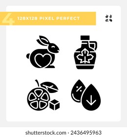 Pixel perfecto estilo de glifo simple colección de iconos que representan alérgeno libre, ilustración de silueta simple.
