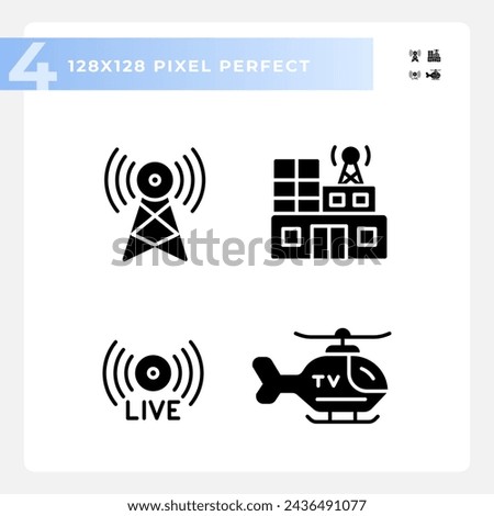 Pixel perfect glyph style simple icons collection representing journalism, black silhouette illustration