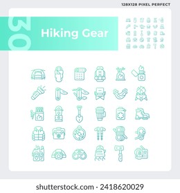 Pixel perfect gradient icons collection representing hiking gear, green isolated thin line illustration.