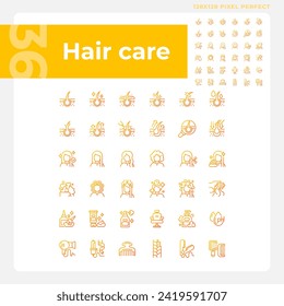 Pixel perfect gradient icons collection representing haircare, thin line orange illustration.