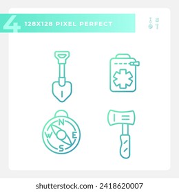 Pixel perfect gradient icons pack representing hiking gear, green isolated thin line illustration.
