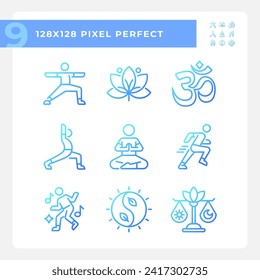 Pixel perfect gradient icons representing meditation, blue thin line wellness illustration set.