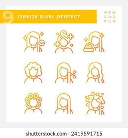 Pixel perfect gradient icons representing haircare, thin linear orange illustration set.